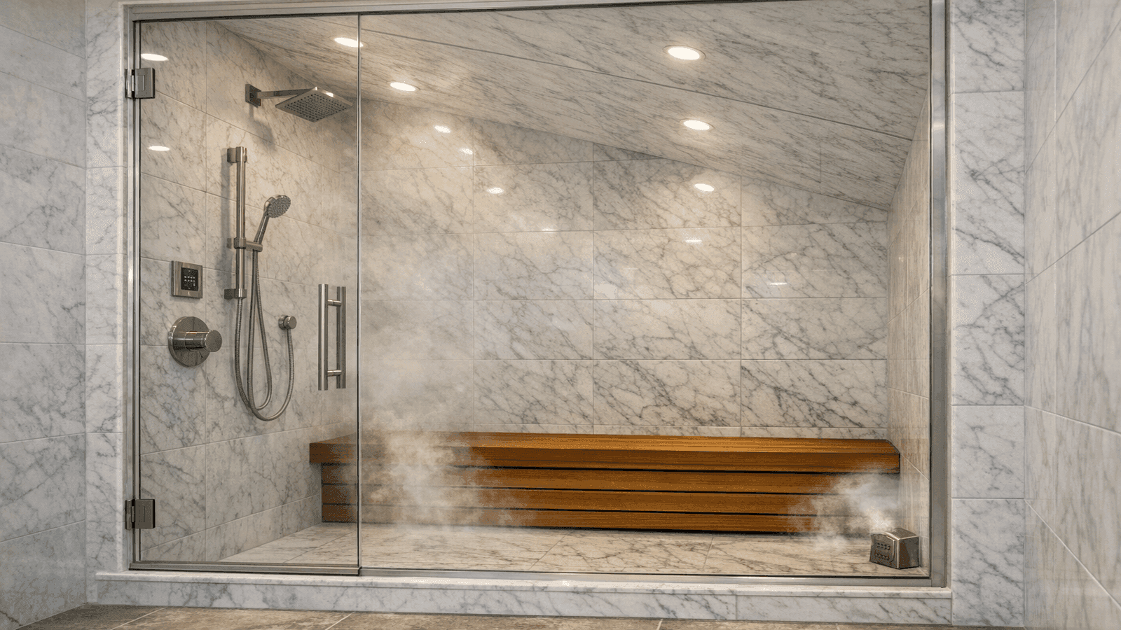 Steam shower enclosure with sloped ceiling for condensation drainage, glass steam door, and built-in teak bench