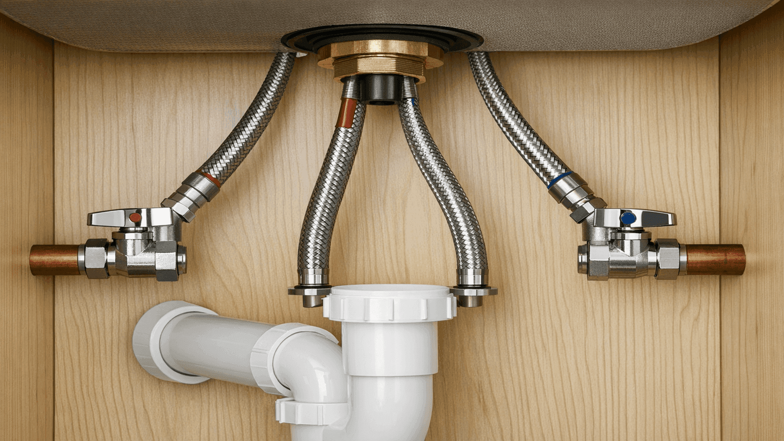 Under-sink view showing new braided supply lines connected to shut-off valves during kitchen faucet installation
