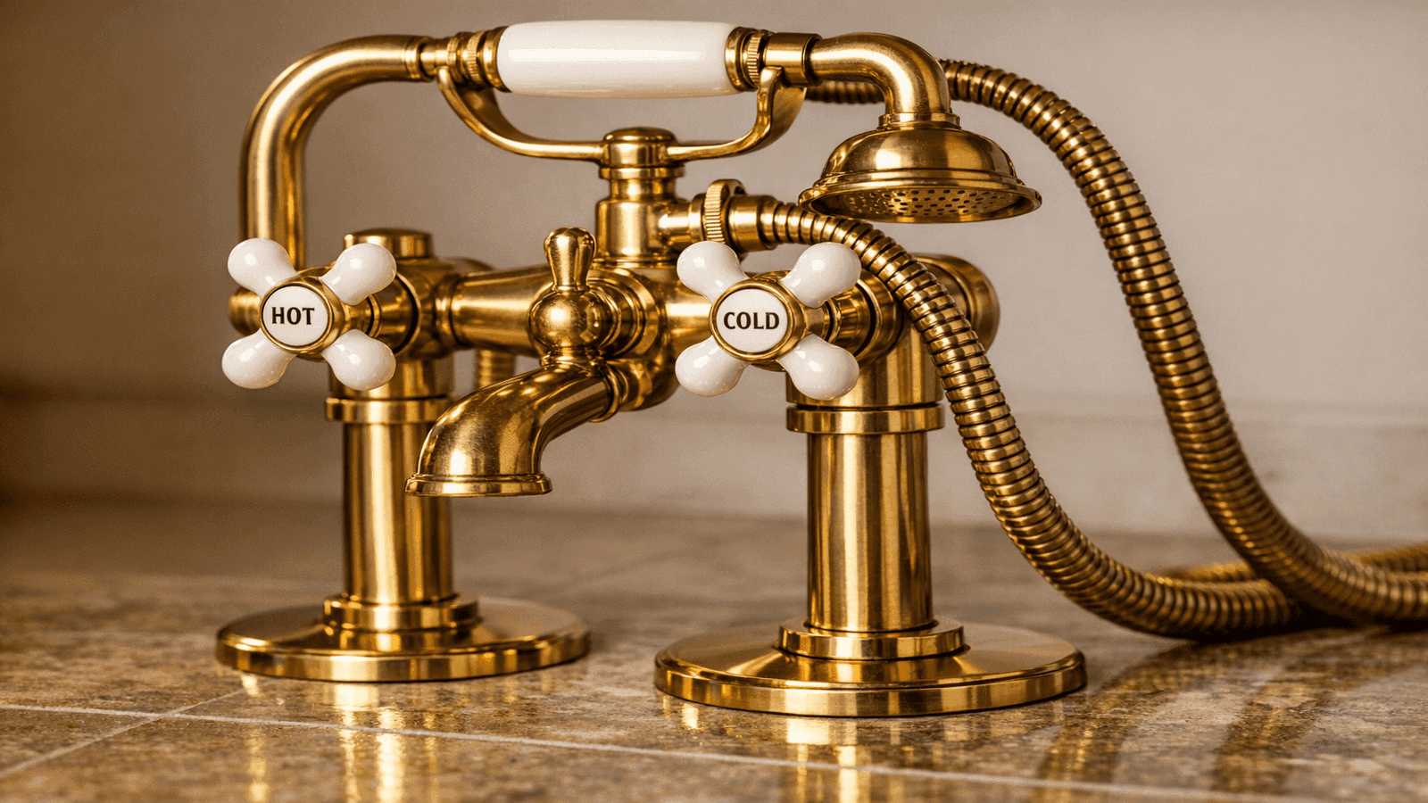 Vintage-style floor-mount clawfoot faucet with porcelain cross handles and hand shower in unlacquered brass on polished floor escutcheons