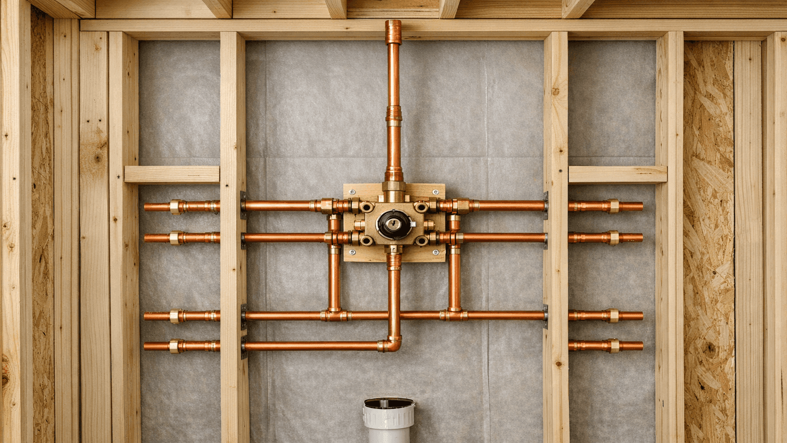 Luxury shower plumbing rough-in showing 3/4-inch supply lines, thermostatic valve rough-in block, and body jet supply stubs in wall framing