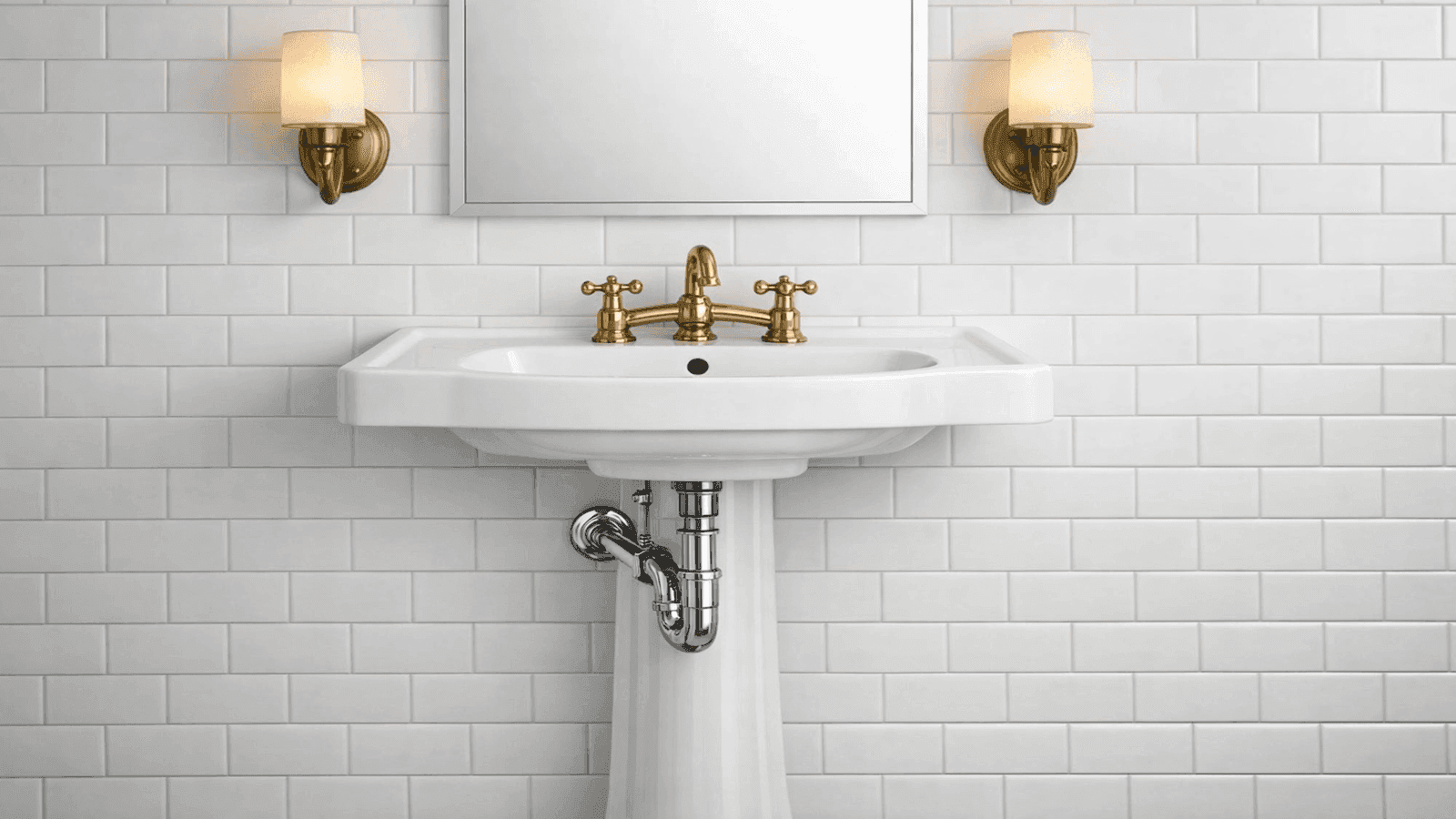 White vitreous china pedestal sink with unlacquered brass cross-handle bridge faucet and exposed chrome P-trap in vintage-style bathroom