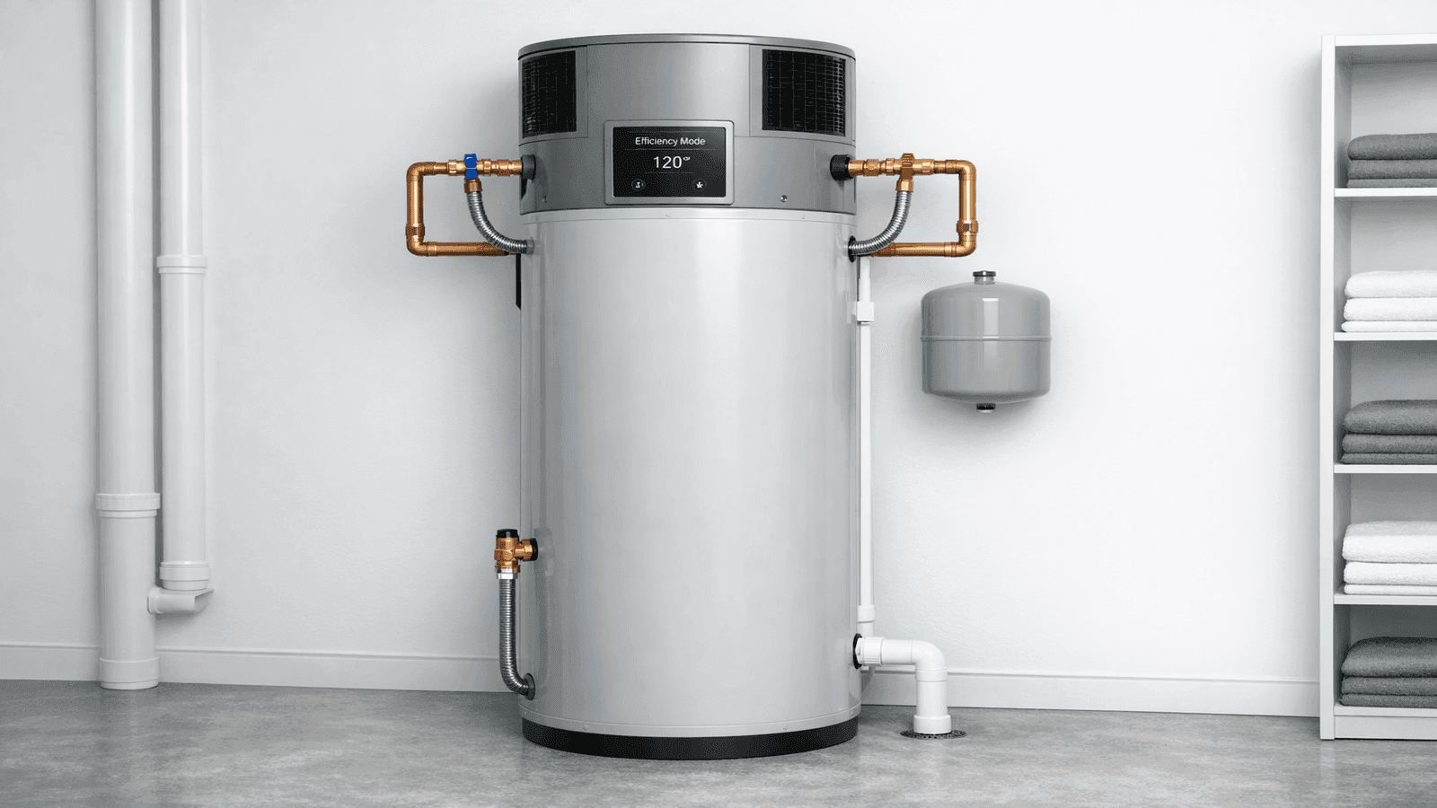 Heat pump water heater installed in clean utility room showing compact design and digital efficiency controls for residential energy savings