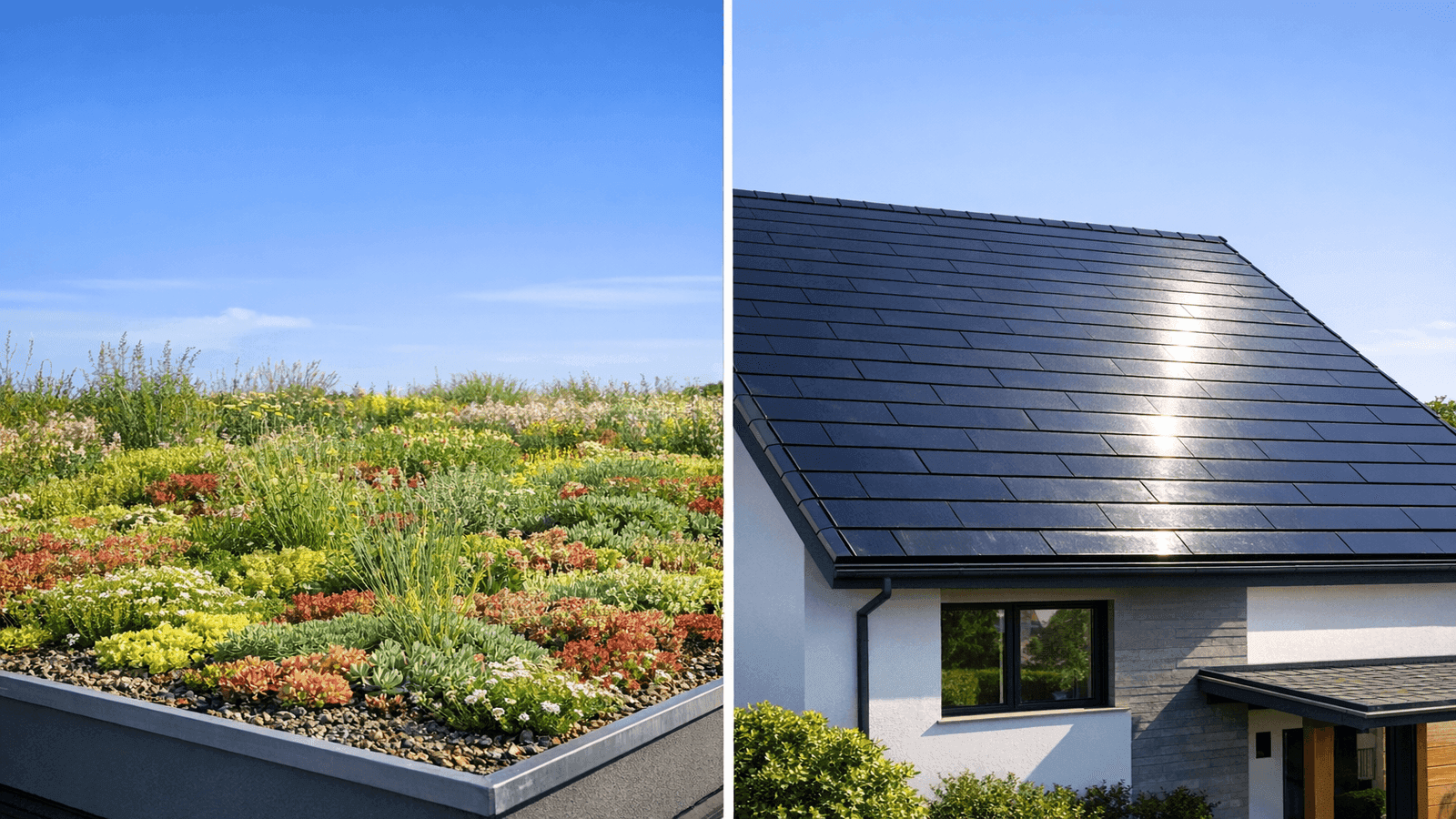 Split image comparing a living green roof with vegetation on the left and a modern residential solar tile roof on the right