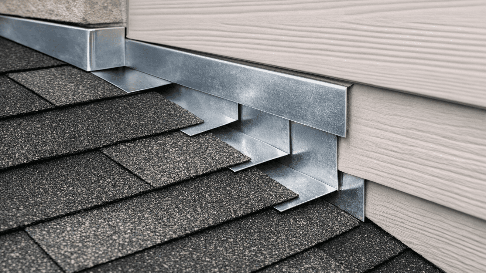 Close-up photo of properly installed step flashing and counter-flashing at a dormer wall-to-roof junction, showing overlapping metal layers integrated with shingles