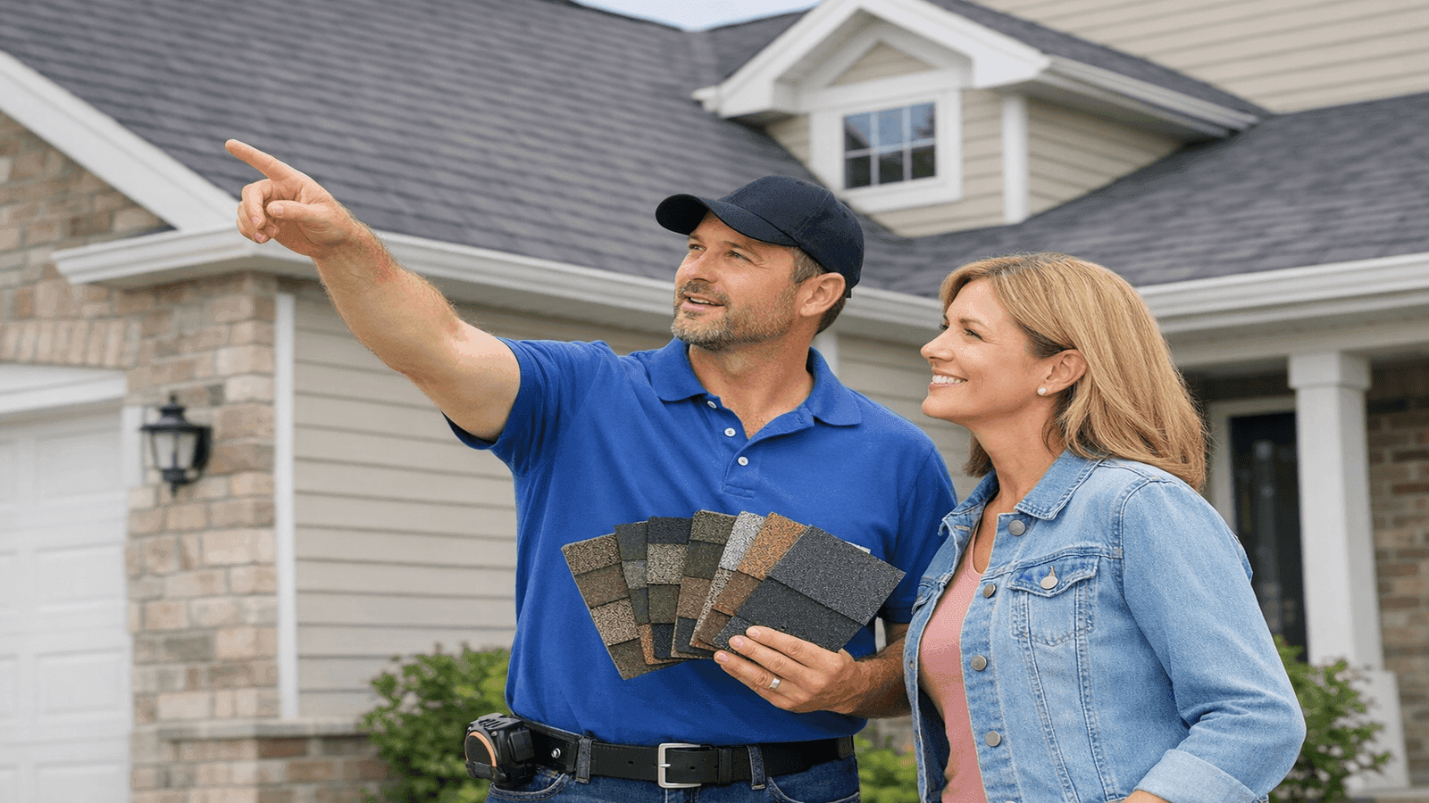 Roofing contractor holding material samples next to a homeowner outside a suburban home pointing to the roof during a professional consultation