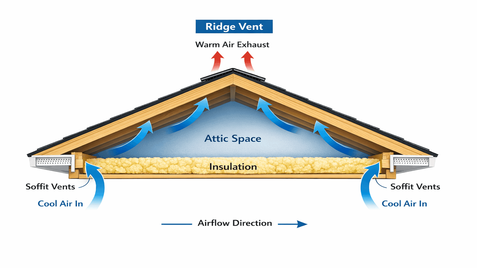 Diagram showing the airflow path in a properly ventilated attic: cool air entering through soffit intake vents, rising through the attic space, and exhausting through ridge vents at the peak