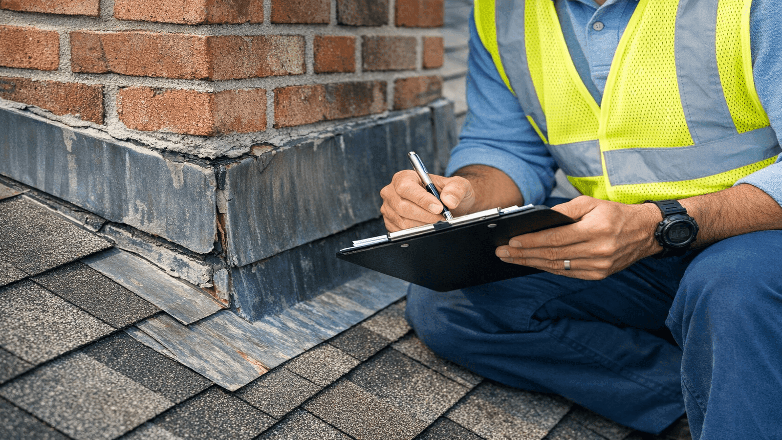 Close-up of a roofing inspector using a tablet to document flashing condition at a chimney checking for gaps or sealant failure on an asphalt shingle roof