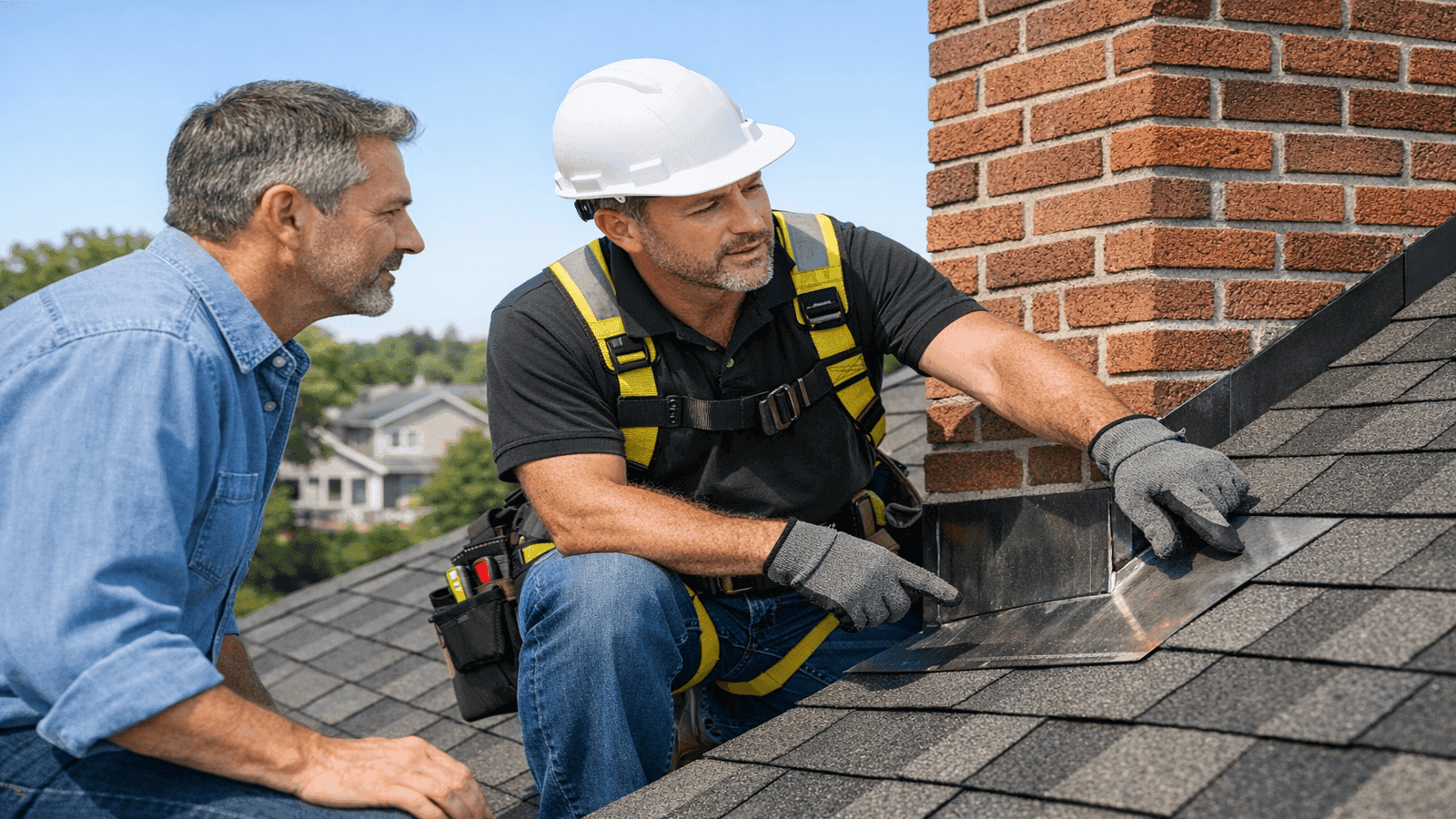 Homeowner and roofing contractor on a residential roof during an inspection, pointing to flashing at a dormer on a sunny day in a suburban neighborhood