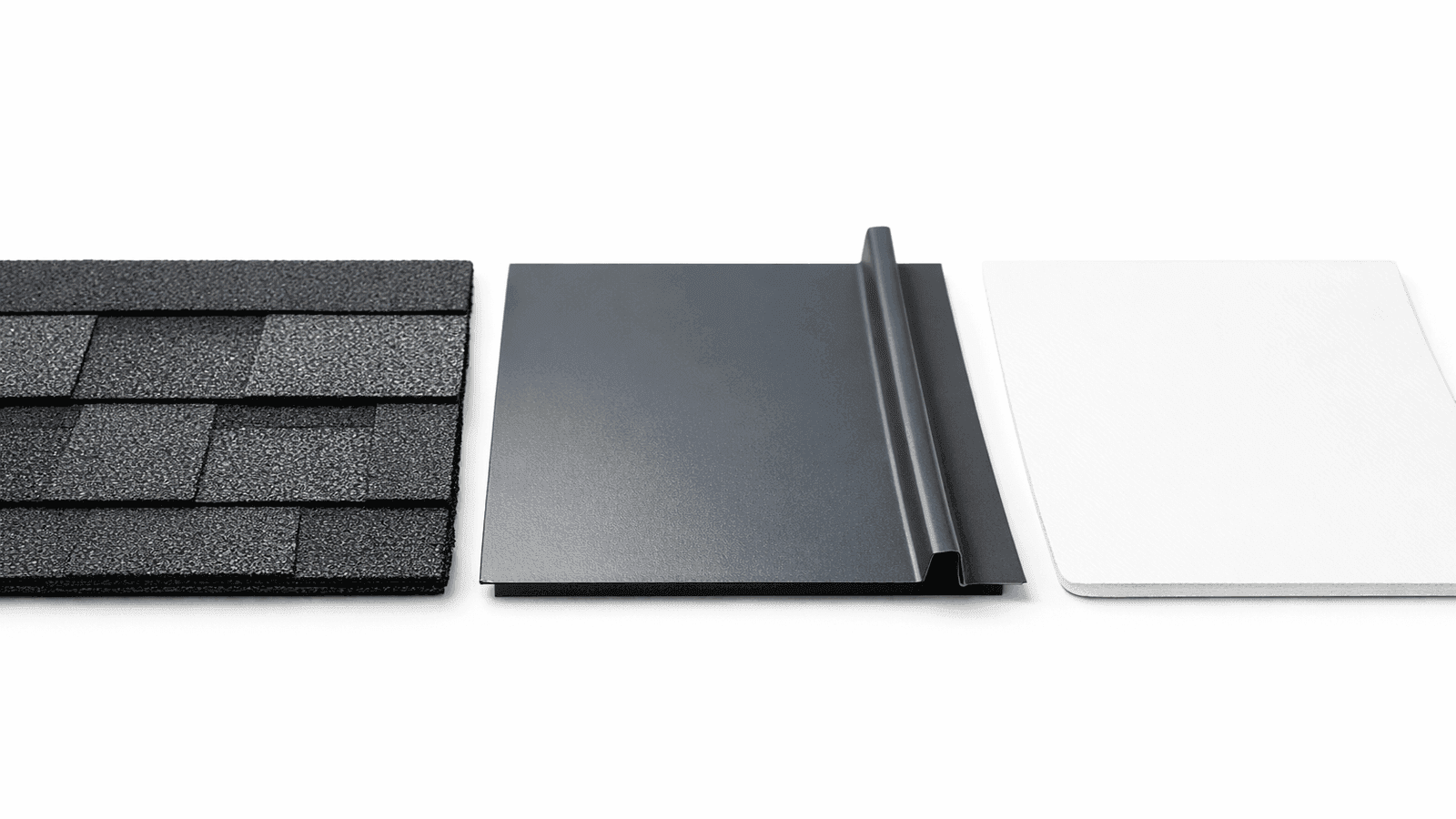 Close-up comparison of three roofing materials side by side: architectural asphalt shingle, standing seam metal panel, and TPO membrane