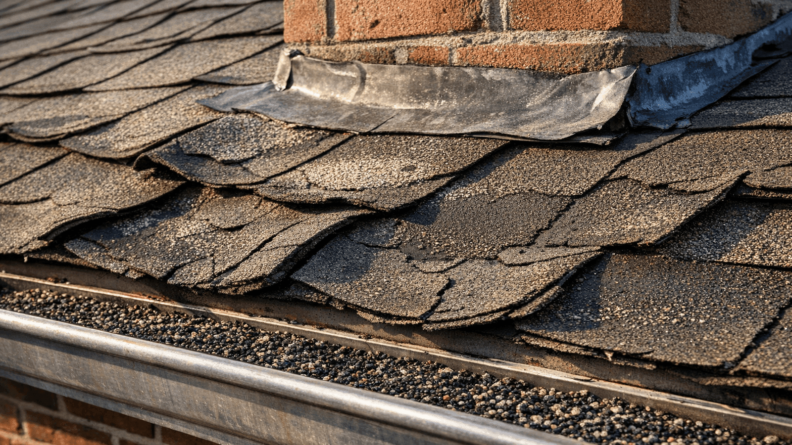 Close-up photograph of a residential roof showing curling asphalt shingles, granule loss in gutters, and lifted flashing at the chimney, indicating a roof past its functional lifespan