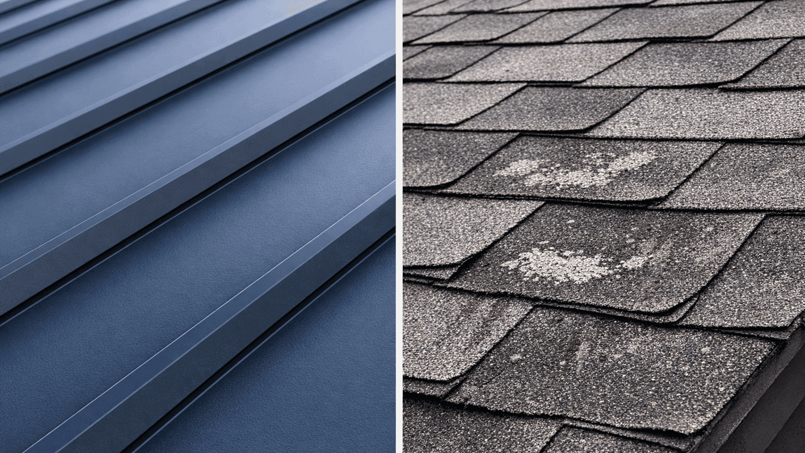 Close-up comparison of a standing seam metal roof panel next to weathered asphalt shingles showing granule loss, illustrating the lifespan difference between the two materials