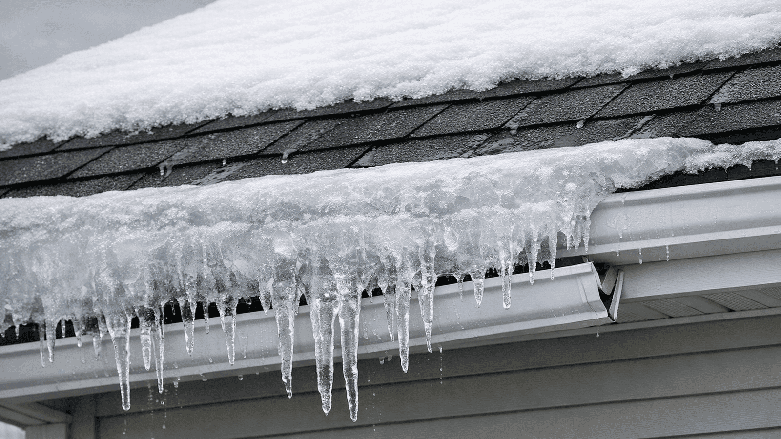 Large ice dam formed at the eave of a residential roof with thick icicles and visible water seeping under shingles in winter