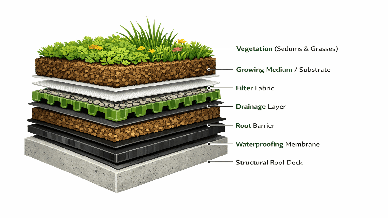 Cross-section diagram of a living green roof system showing layers from top to bottom: vegetation, growing medium, filter fabric, drainage layer, root barrier, waterproofing membrane, and structural deck, with annotations for each layer