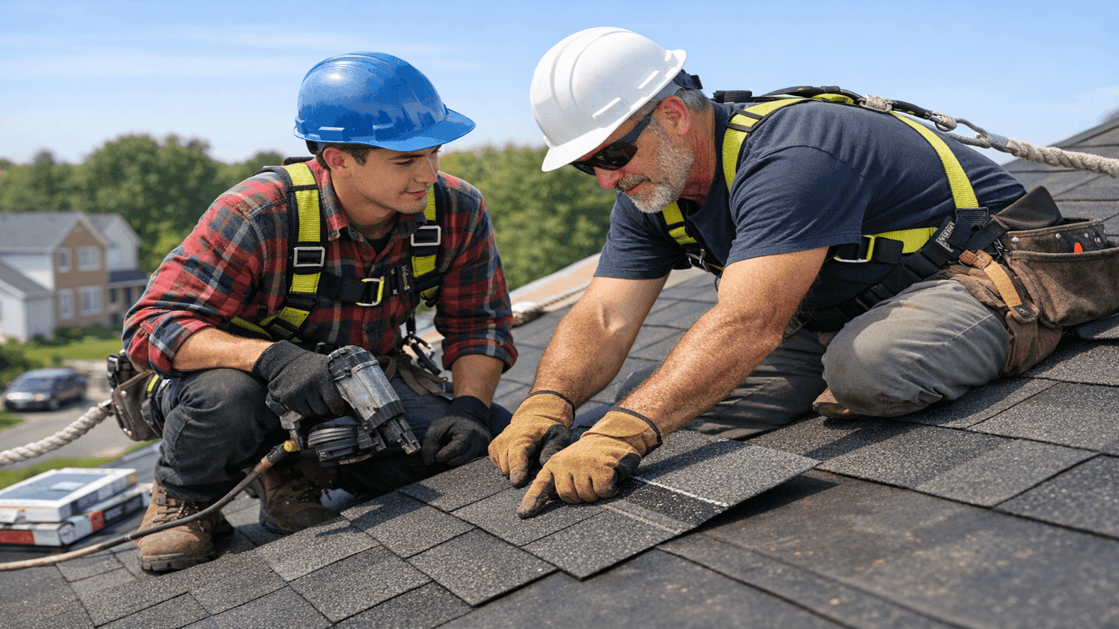 A roofing apprentice and journeyman working side by side on a steep-slope residential roof, both wearing fall protection harnesses and hard hats, installing asphalt shingles on a sunny day