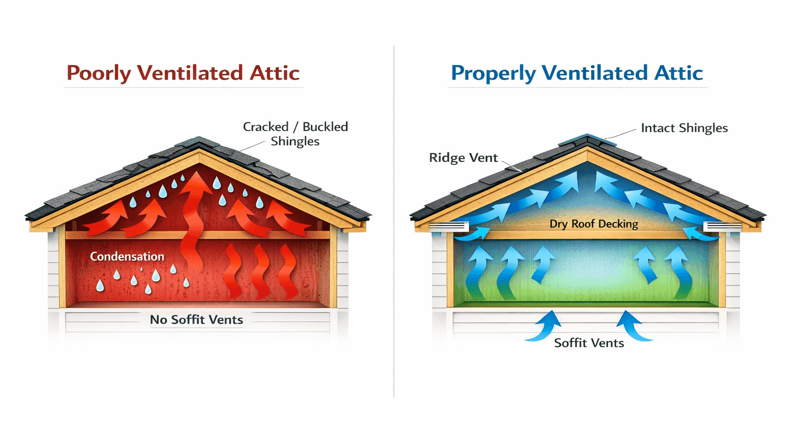 Diagram comparing a poorly ventilated attic trapping heat and moisture on the left versus a properly ventilated attic with balanced airflow on the right