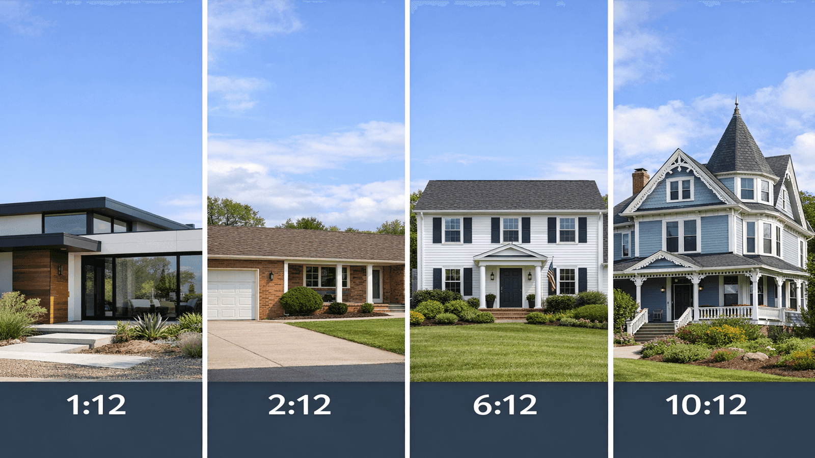 Side-by-side comparison of four residential homes showing flat, low-slope, conventional, and steep-slope roof pitch categories with pitch ratio labels