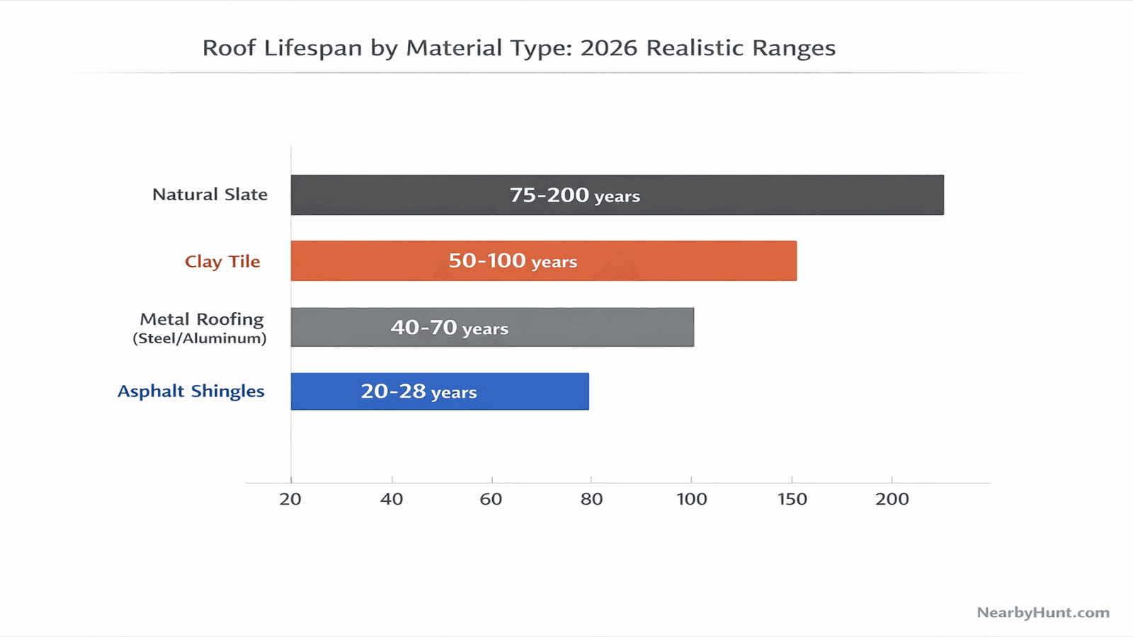 Infographic-style illustration showing roof lifespan comparison bars for asphalt shingles (20-28 years), metal (40-70 years), tile (50-100 years), and slate (75-200 years) on a timeline background