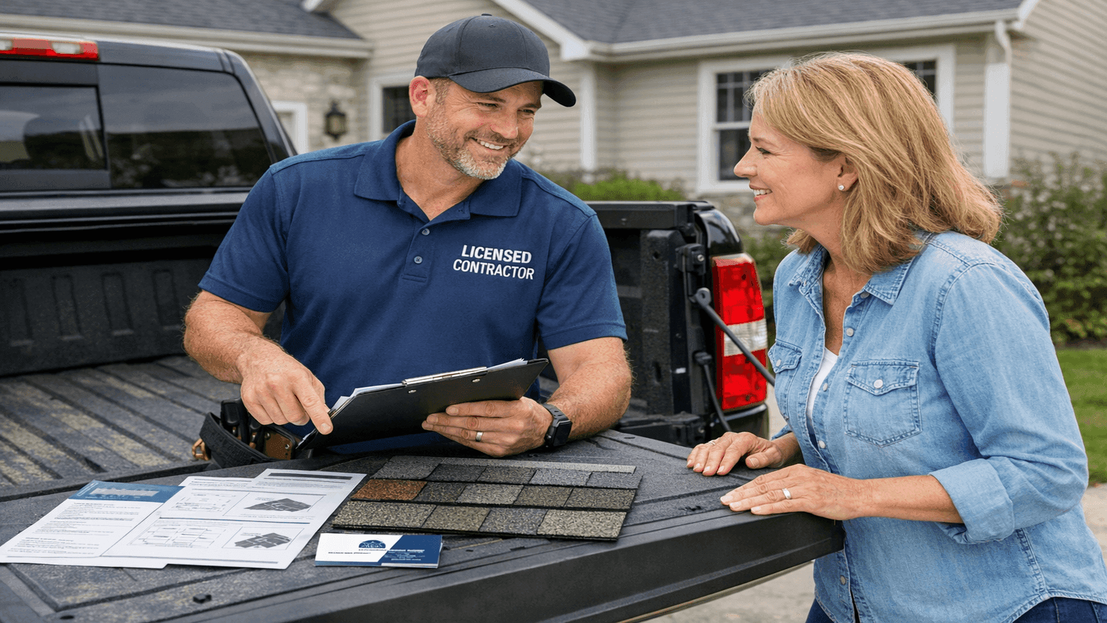 Roofing contractor reviewing plans and material samples with a homeowner outside a house, demonstrating professional consultation and certification knowledge