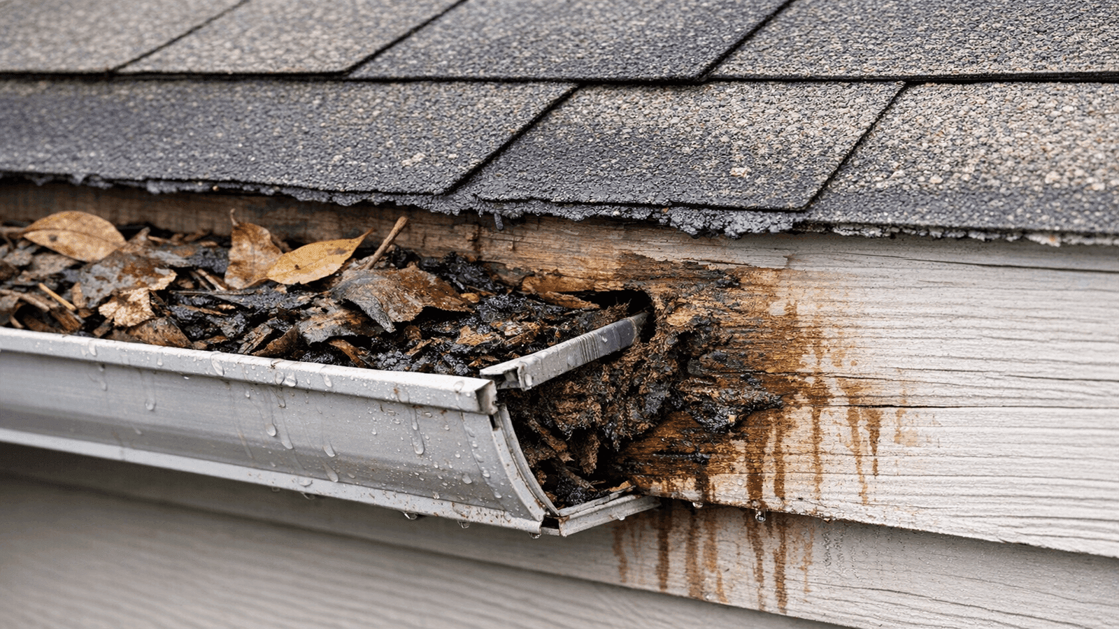 Clogged gutter overflowing with debris causing fascia board rot and staining at the edge of asphalt shingles on a residential home