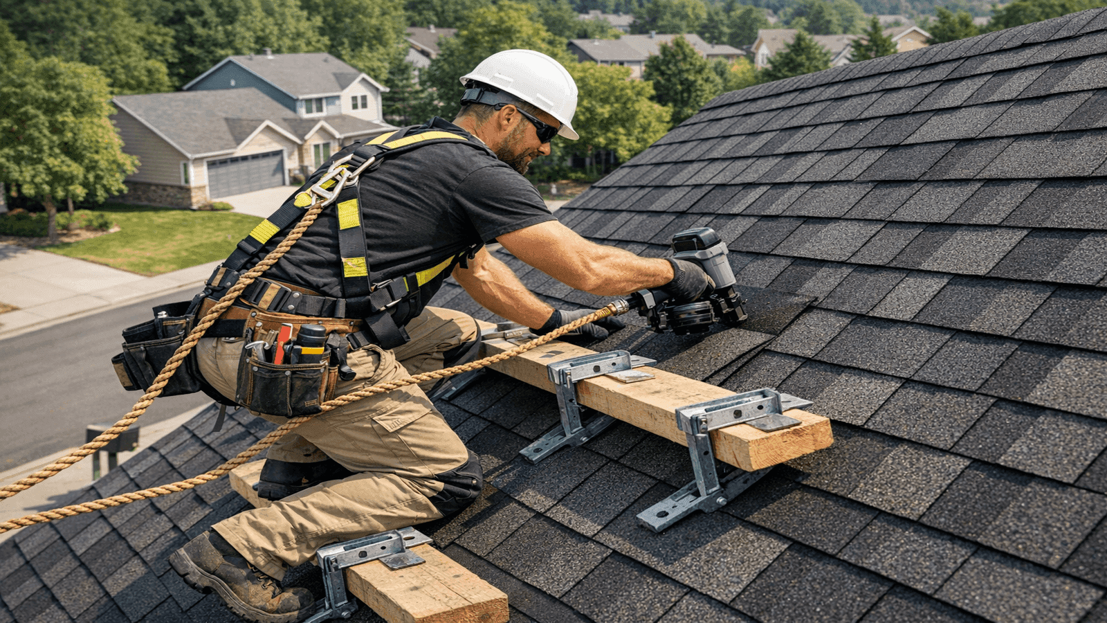 Licensed roofing contractor working on a steep-slope roof above 9:12 pitch wearing safety harness and using roof jacks to maintain footing during shingle installation