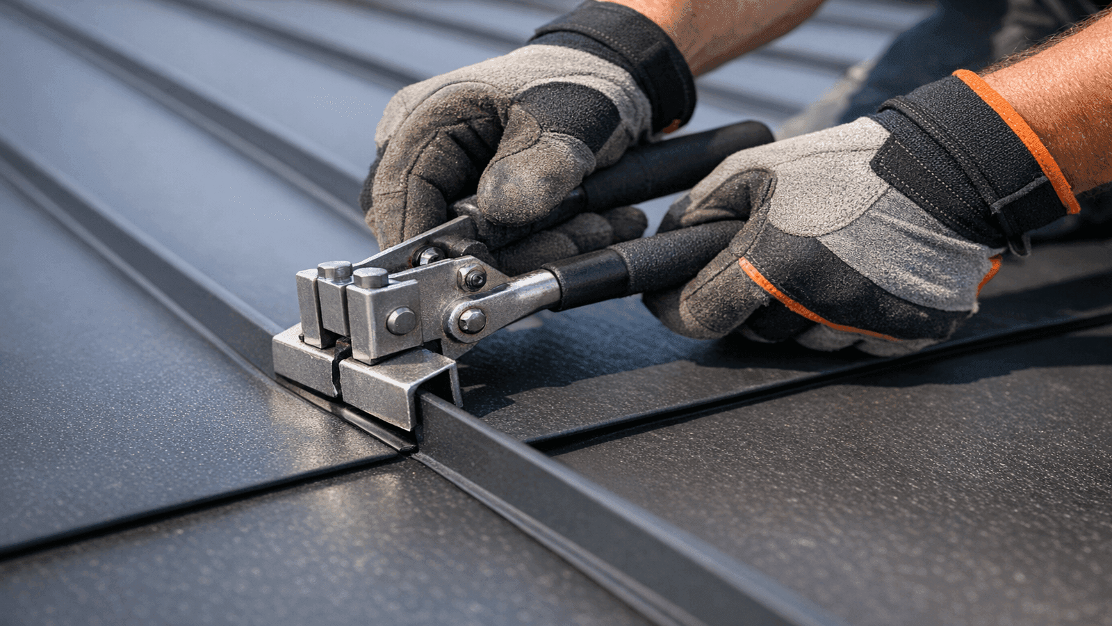 Close-up of a roofer's hands installing a standing seam metal roof panel, demonstrating precision metal roofing specialty work with proper seaming tool
