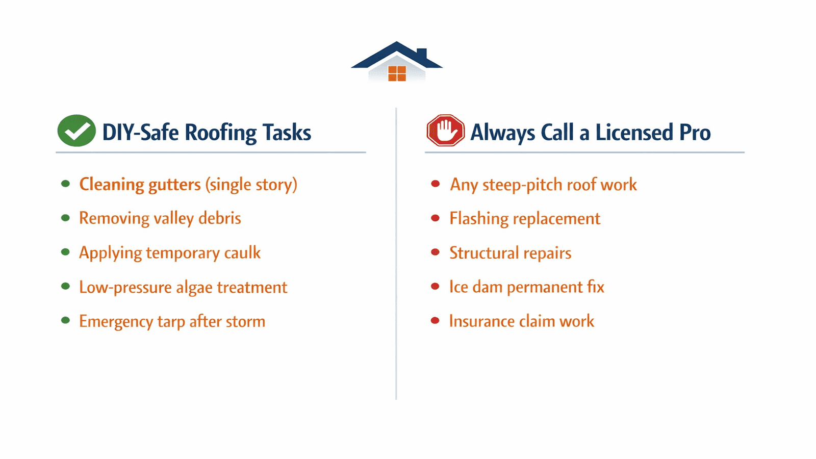 Infographic comparing DIY-safe roofing tasks on the left with professional-only roofing repairs on the right for homeowner decision-making