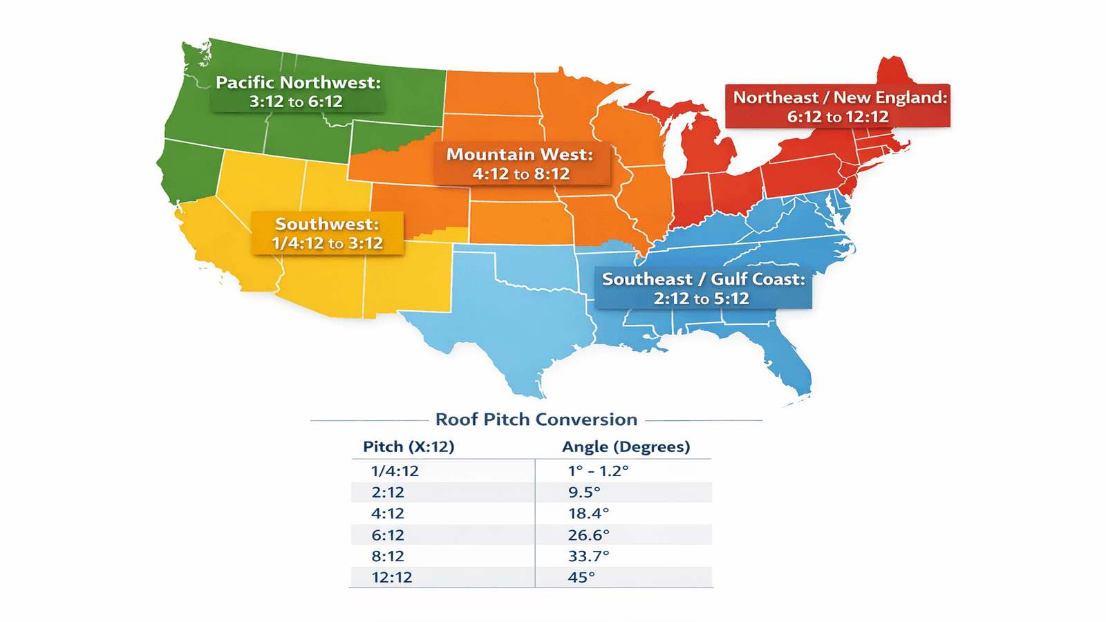 Map of the United States showing typical roof pitch ranges by region, from flat Southwest roofs at 1/4:12 to 3:12 up to steep Northeast roofs at 6:12 to 12:12