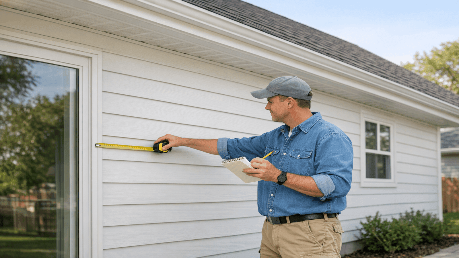 Homeowner measuring house exterior wall length with measuring tape, notepad in hand, reviewing ground-level footprint dimensions