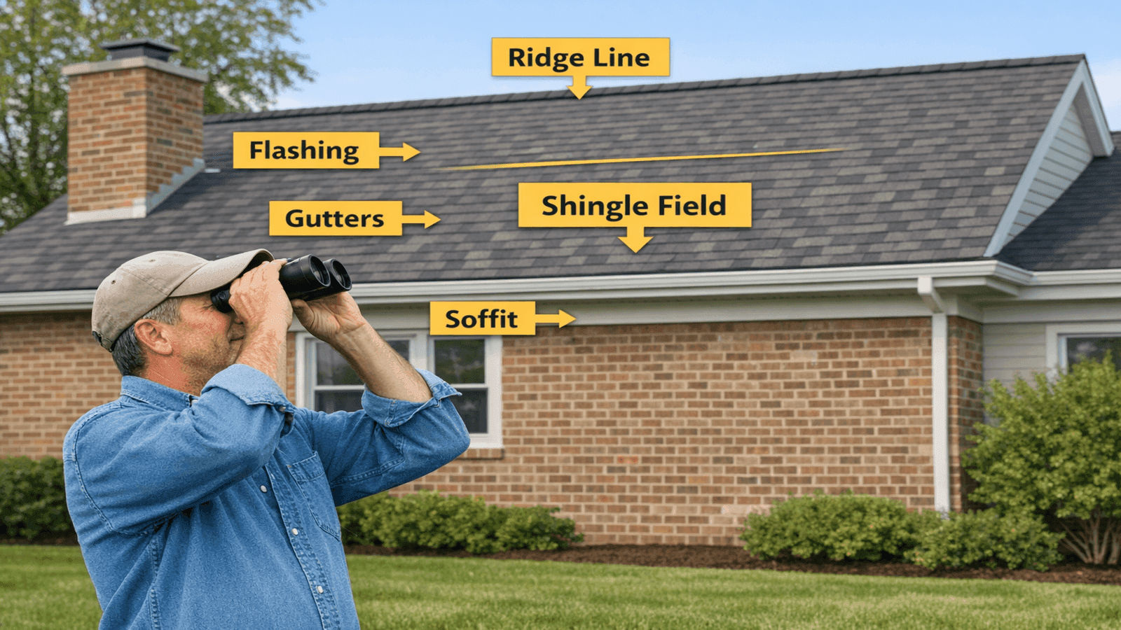 Homeowner using binoculars to conduct a ground-level roof inspection with labeled inspection areas visible on the roof