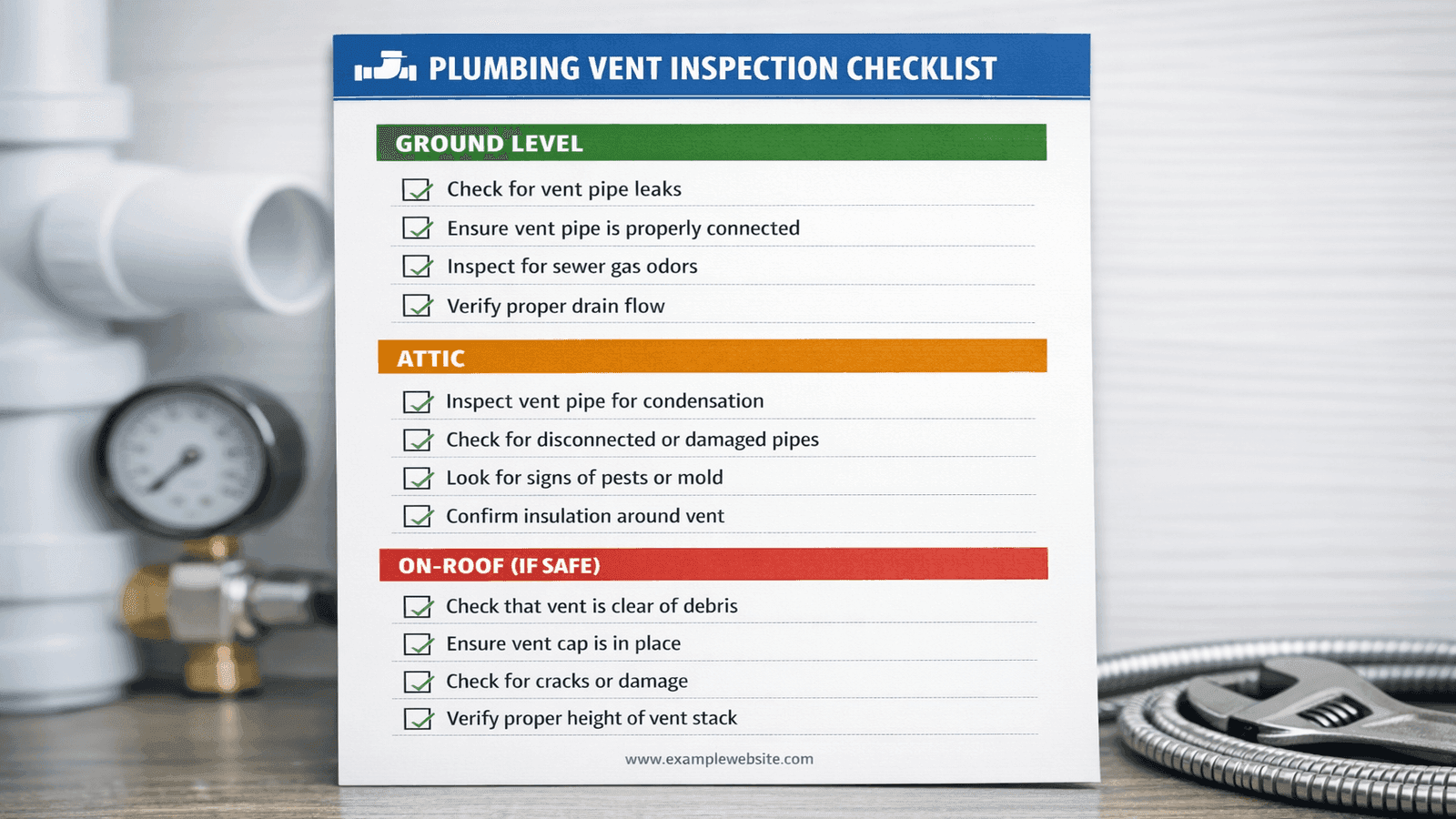 Printable roof inspection checklist with three sections: Ground Level, Attic, and On-Roof checks, each with checkbox items and brief descriptions
