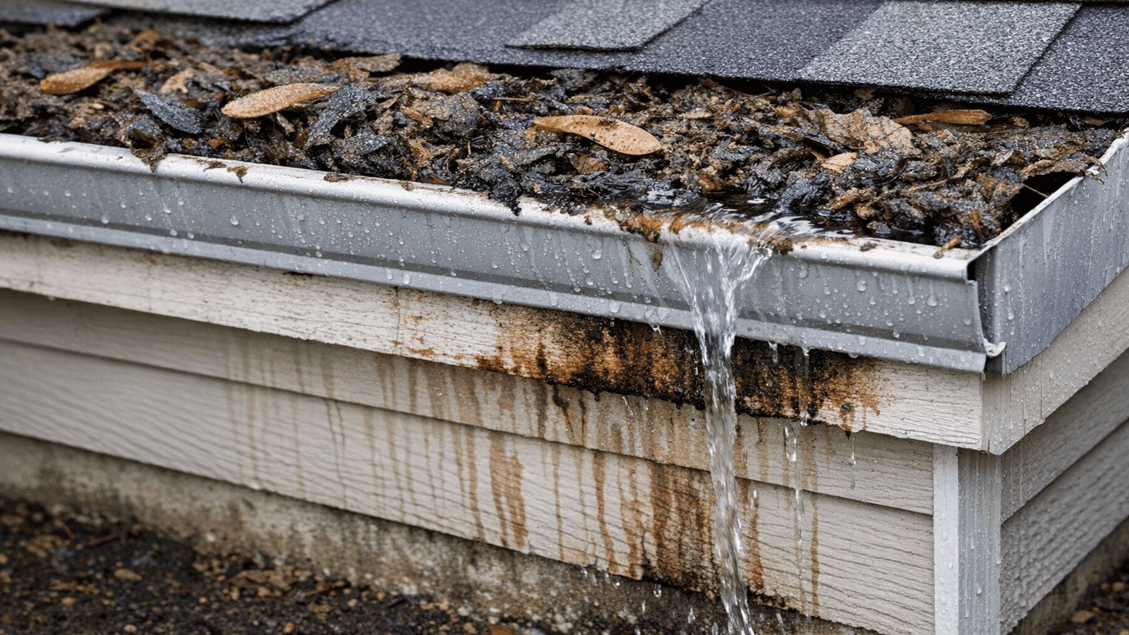 Clogged residential gutter overflowing with wet leaves and debris, showing water damage streaks on the fascia board and foundation staining below