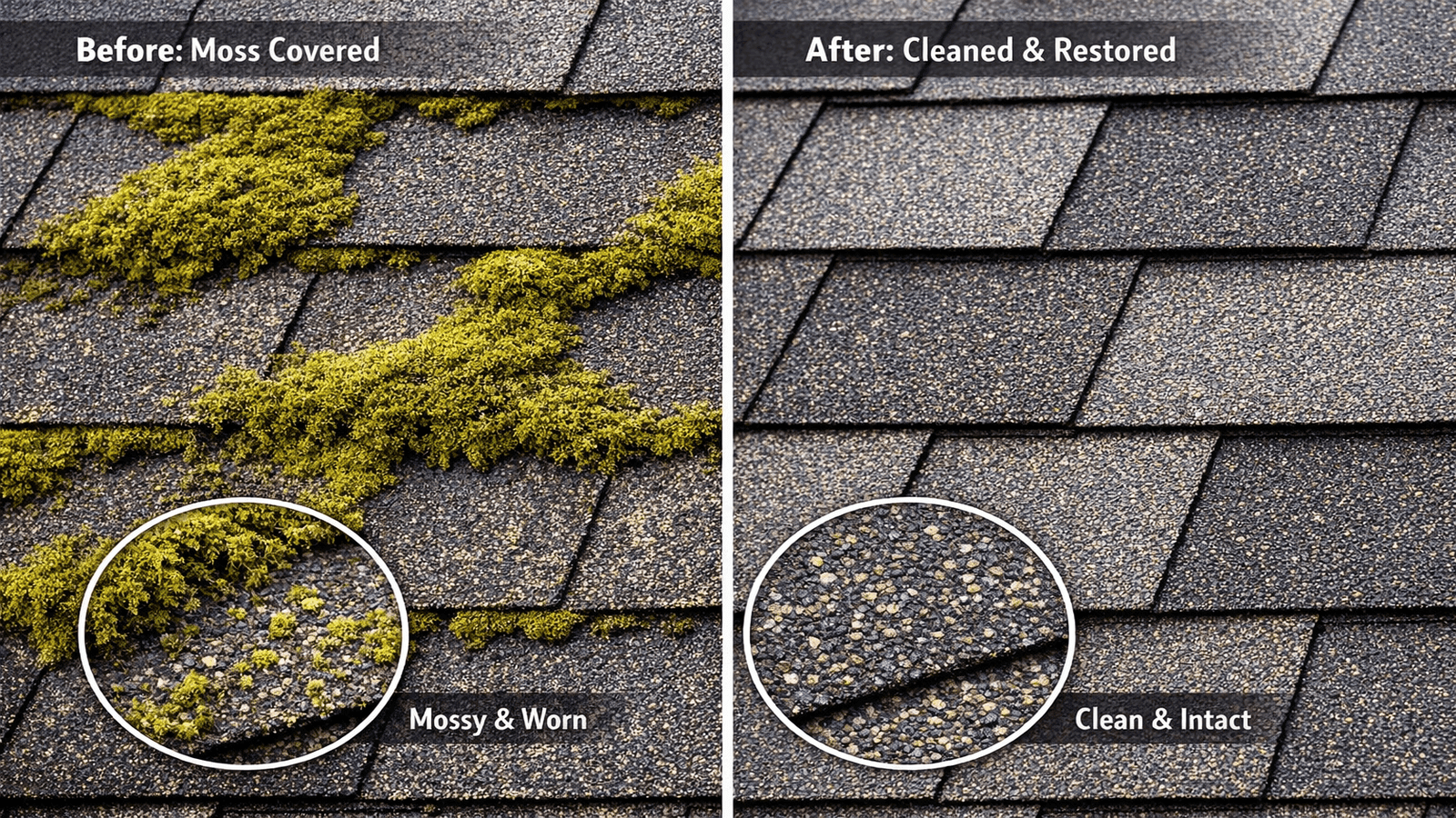 Before and after comparison of a moss-covered asphalt shingle roof showing clean granule condition after professional moss removal