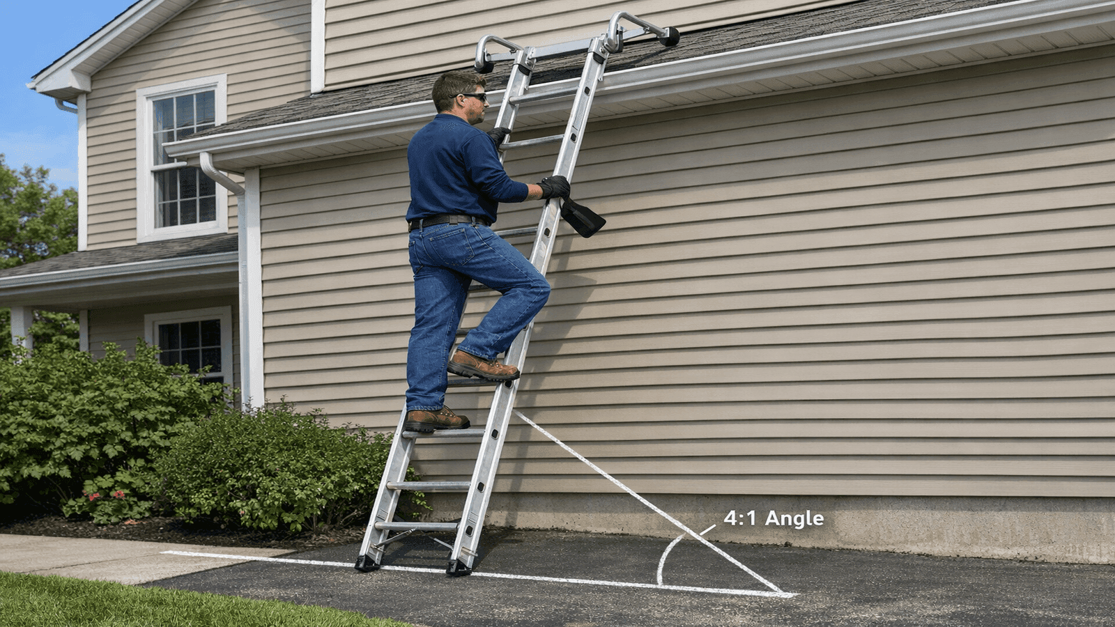 Extension ladder with standoff stabilizer properly set up against two-story home at the 4:1 angle for safe gutter cleaning, person demonstrating three-point contact
