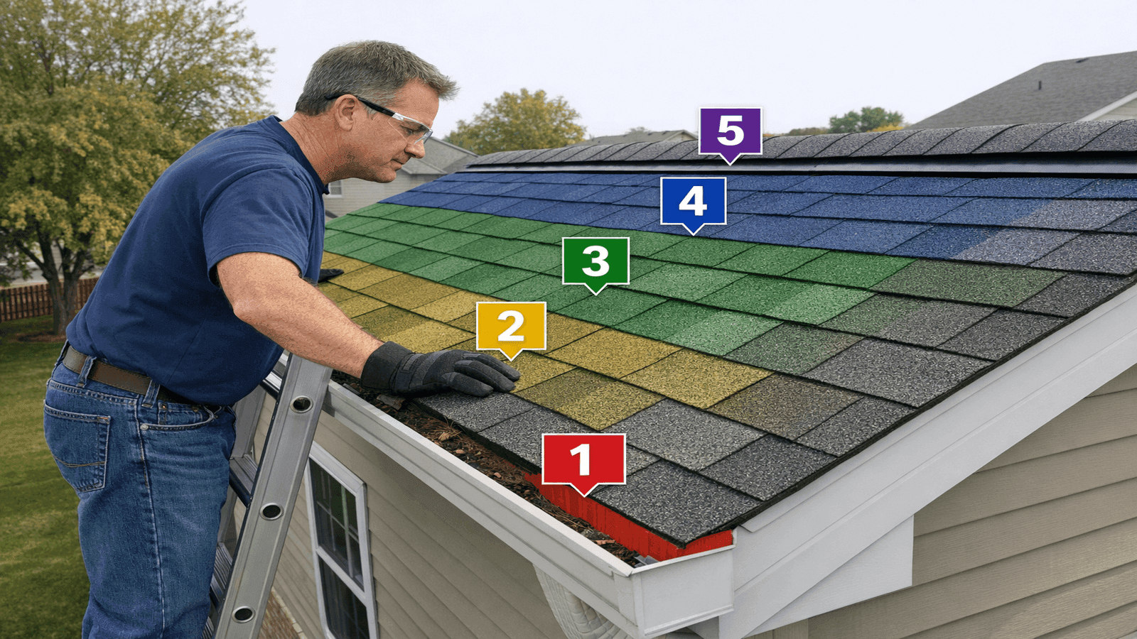Homeowner on an extension ladder inspecting the roof eave with numbered inspection zone diagram overlaid showing five checkpoints across the roof surface
