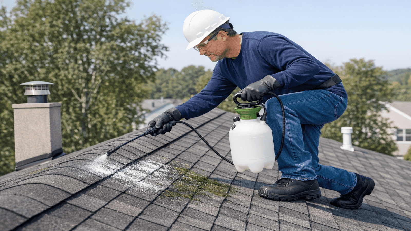 Homeowner in safety gear applying zinc sulfate moss treatment to asphalt shingle roof using a low-pressure garden pump sprayer