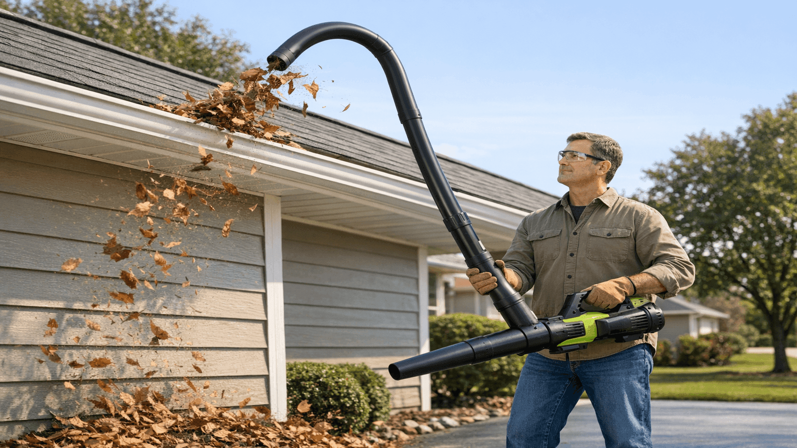 Homeowner using cordless leaf blower with curved gutter extension attachment from ground level to blow leaves out of single-story home gutters