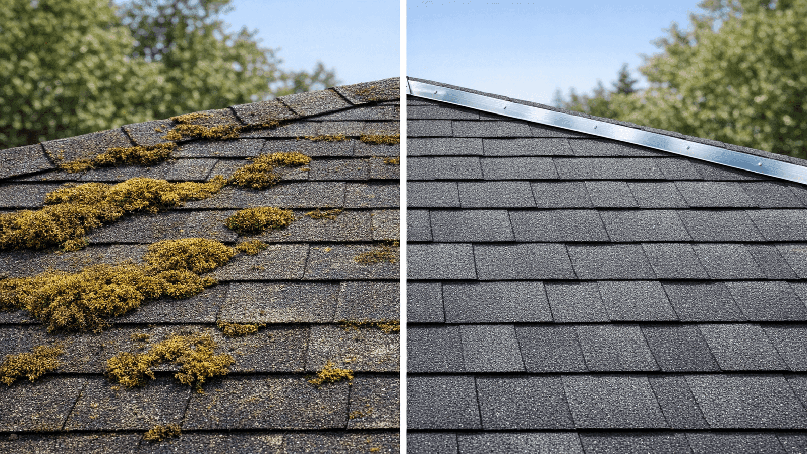 Before-and-after comparison of a moss-covered asphalt shingle roof showing the cleaned surface and zinc prevention strip installed at the ridge on the cleaned half