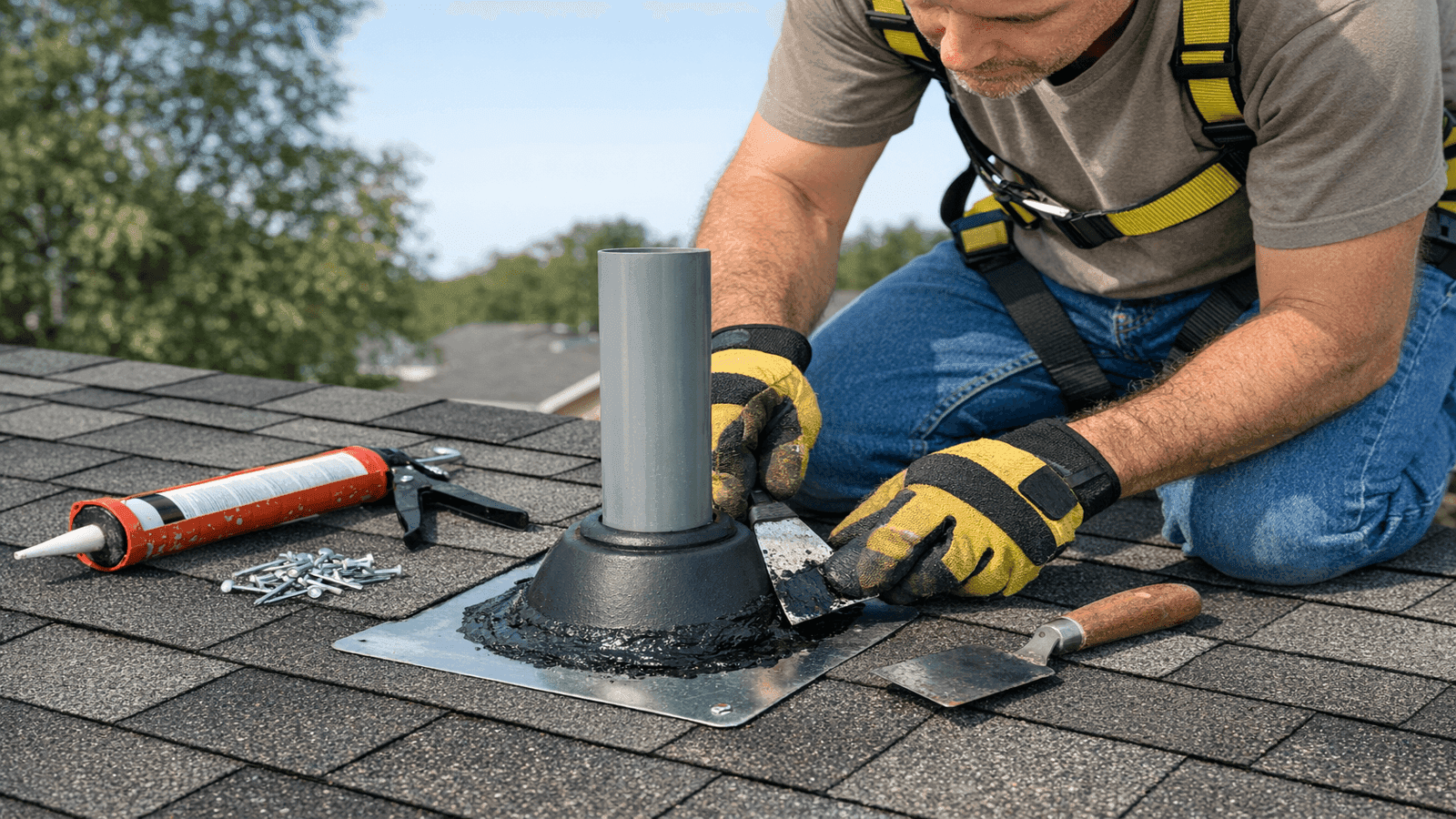 Homeowner applying roofing cement around a pipe boot on a residential asphalt shingle roof with proper safety equipment and tools
