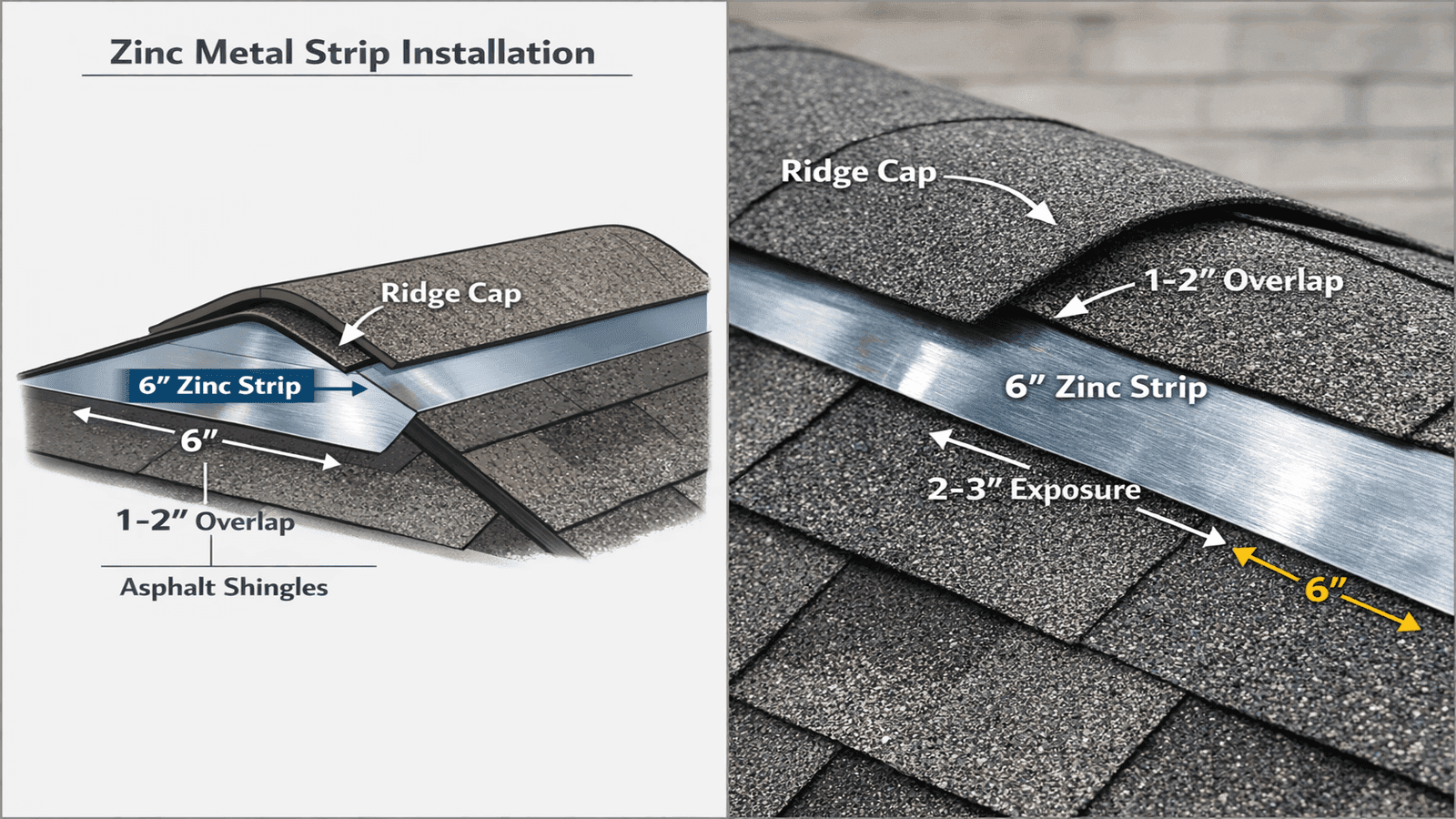 Zinc strip installation diagram showing proper 6-inch strip positioned just below ridge cap for long-term moss prevention on asphalt shingle roof