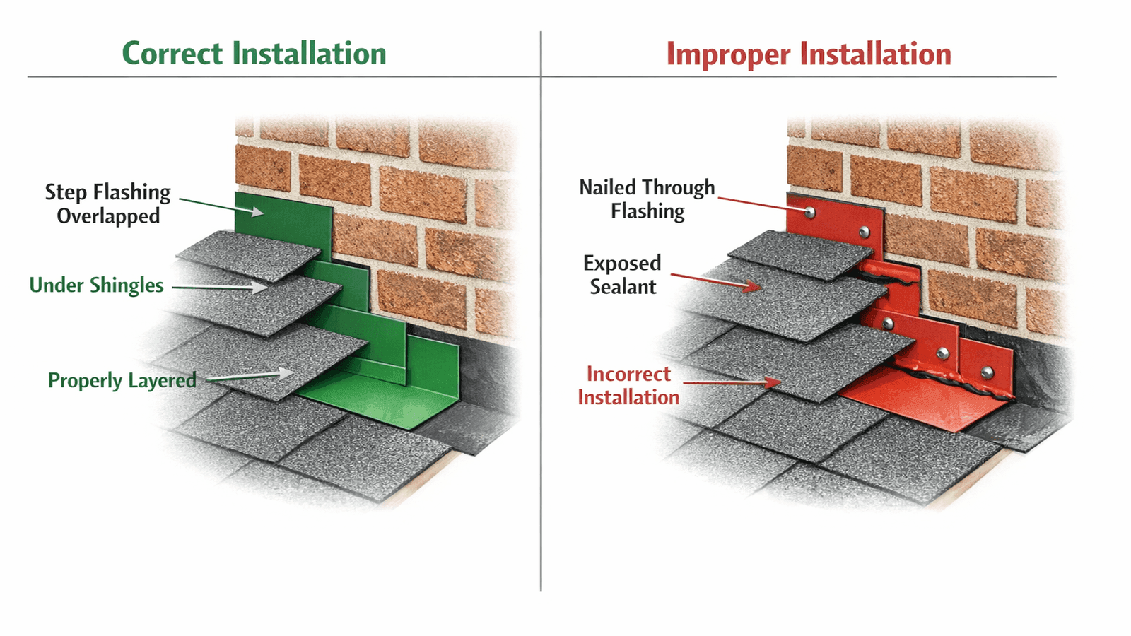 Diagram comparing correct step flashing installation woven with shingles versus improper face-nailed flashing at a wall-roof junction
