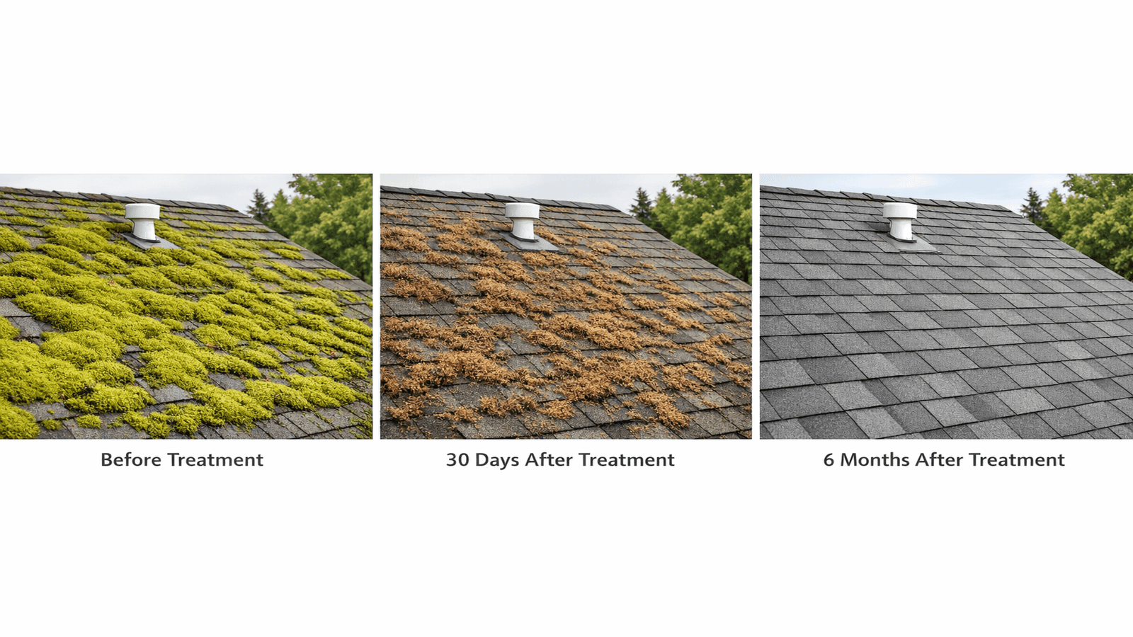Three-stage annotated photo series showing roof moss removal results at baseline, 30 days, and 6 months after zinc sulfate treatment on Seattle residential roof