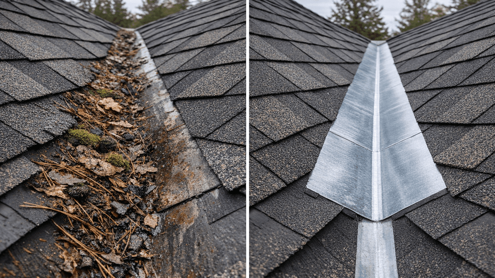Side-by-side comparison of a debris-clogged roof valley and a clean properly maintained open metal valley with galvanized flashing