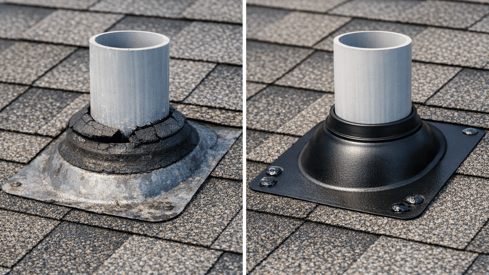 Before and after comparison of a cracked failed rubber pipe boot versus a new properly installed replacement pipe boot on a residential roof