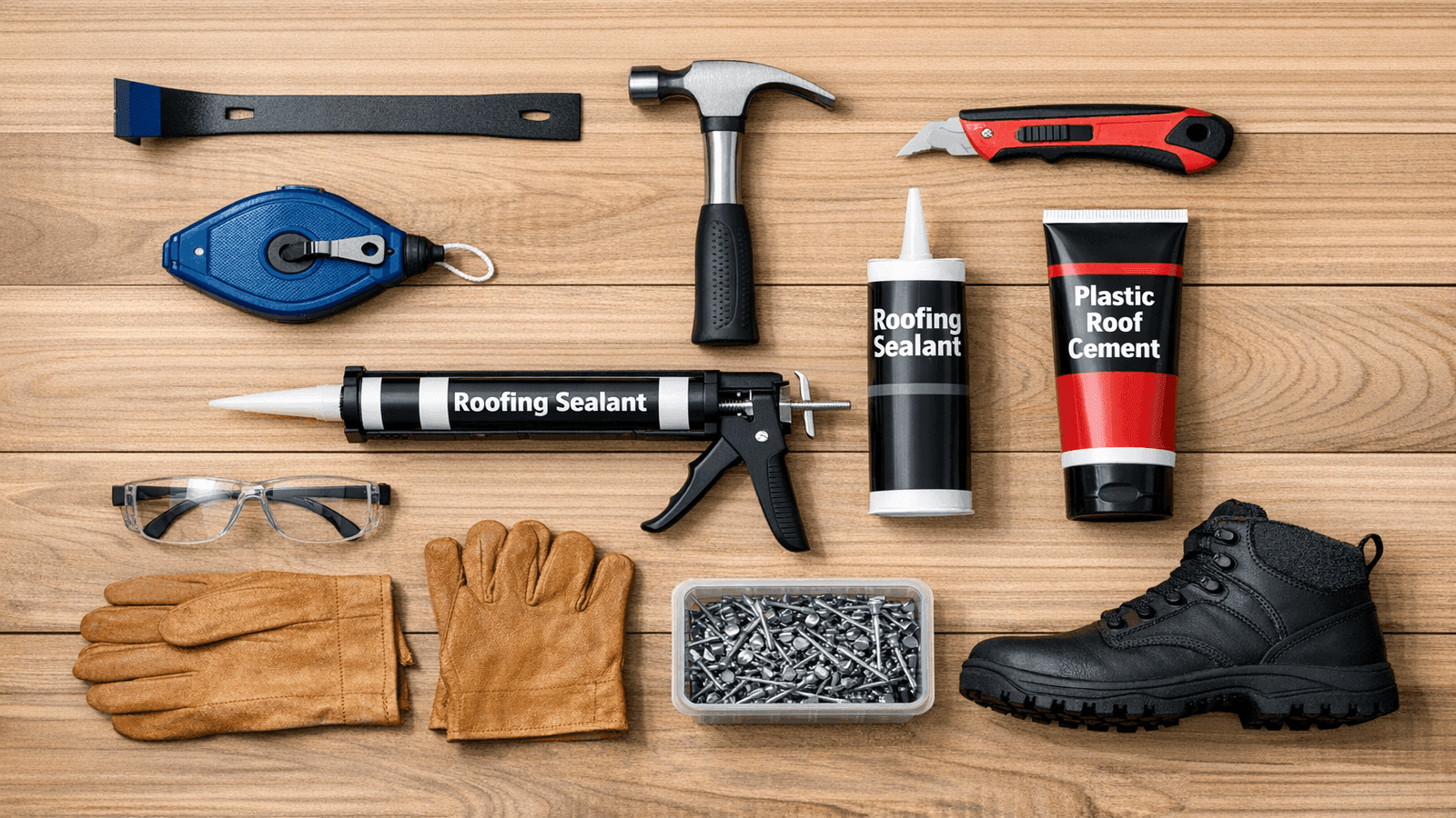Overhead flat-lay of a complete DIY roofing toolkit showing a pry bar, roofing hammer, utility knife, chalk line, caulk gun, roofing cement, safety glasses, gloves, and roofing nails