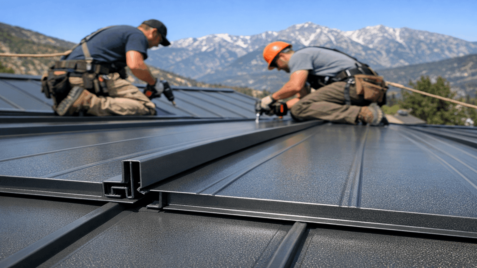 Two roofers installing standing seam steel panels on a residential roof with snap-lock seam detail in the foreground