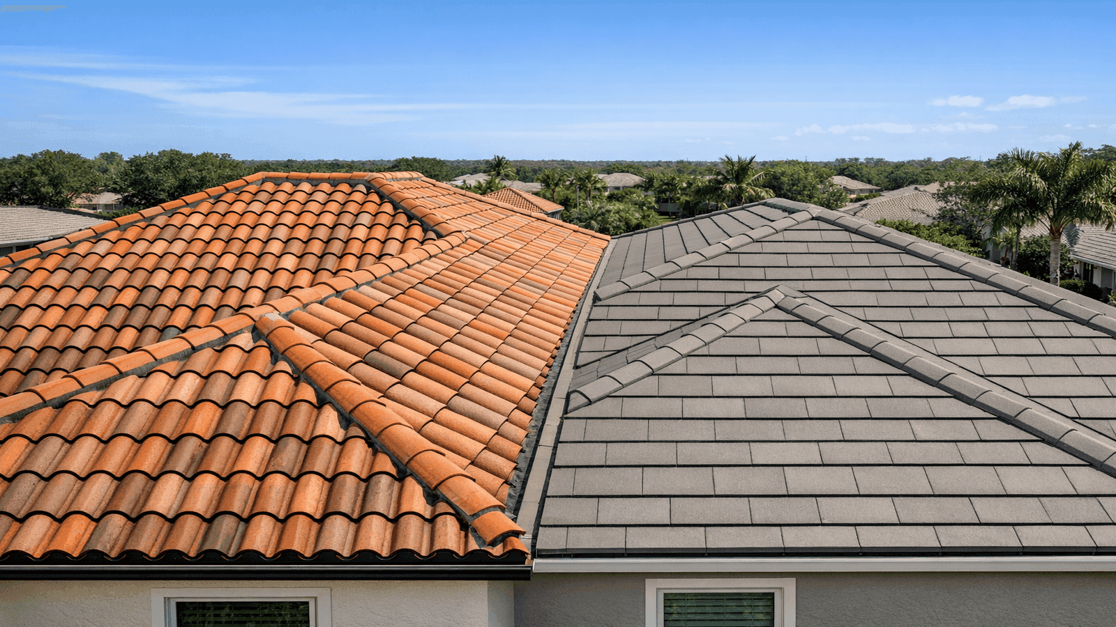Aerial comparison of a clay barrel tile roof on the left and a concrete flat tile roof on the right, showing the color and profile differences between the two most common tile roofing types