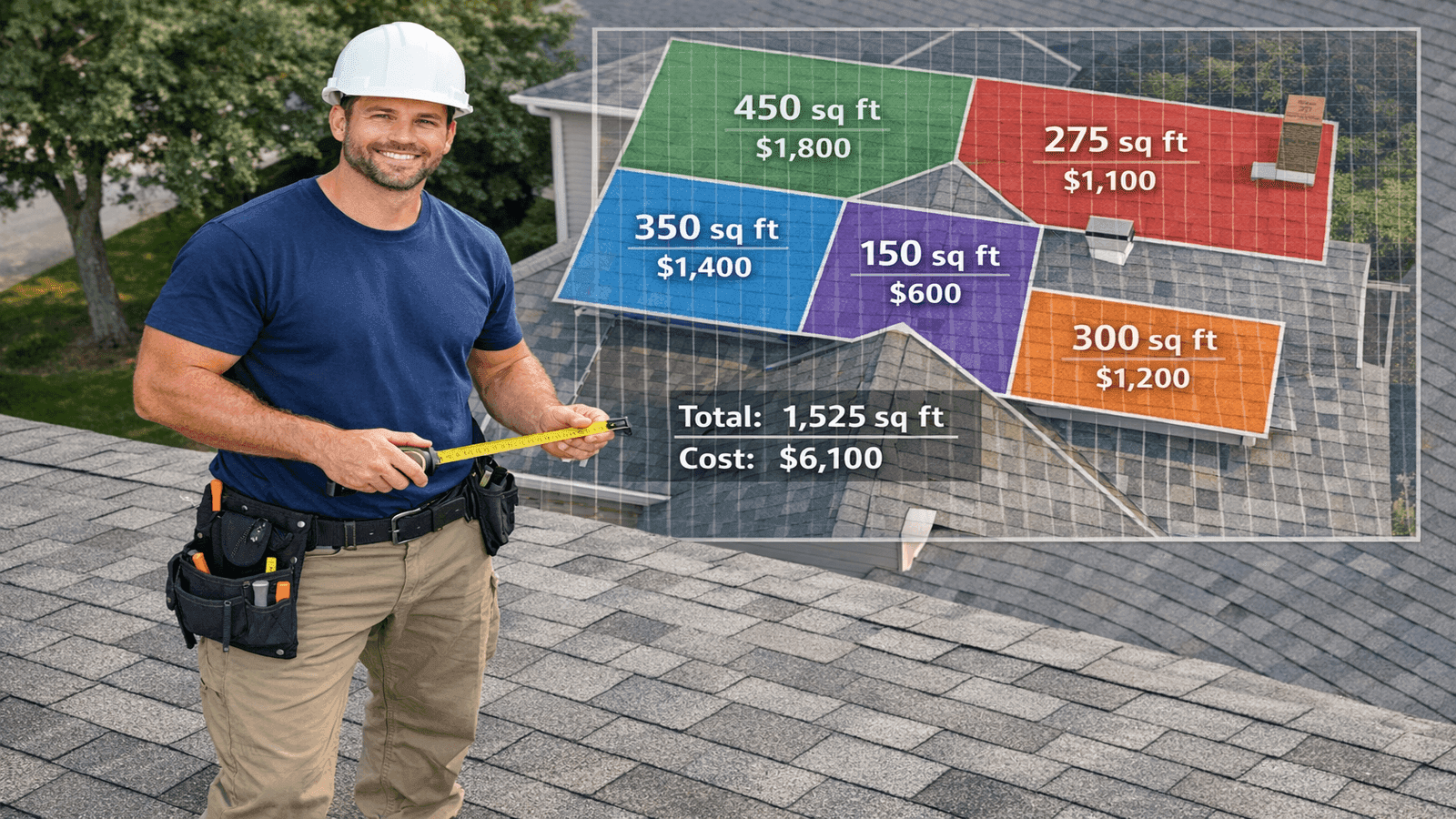 Roofing contractor measuring roof area with aerial view overlay showing square footage calculations and cost breakdown