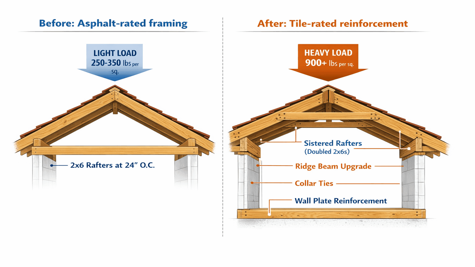 Cross-section diagram comparing standard asphalt-rated rafter framing on the left with sistered and reinforced rafter framing required for tile roof load on the right, with callouts for sistered rafters, ridge beam, and collar ties