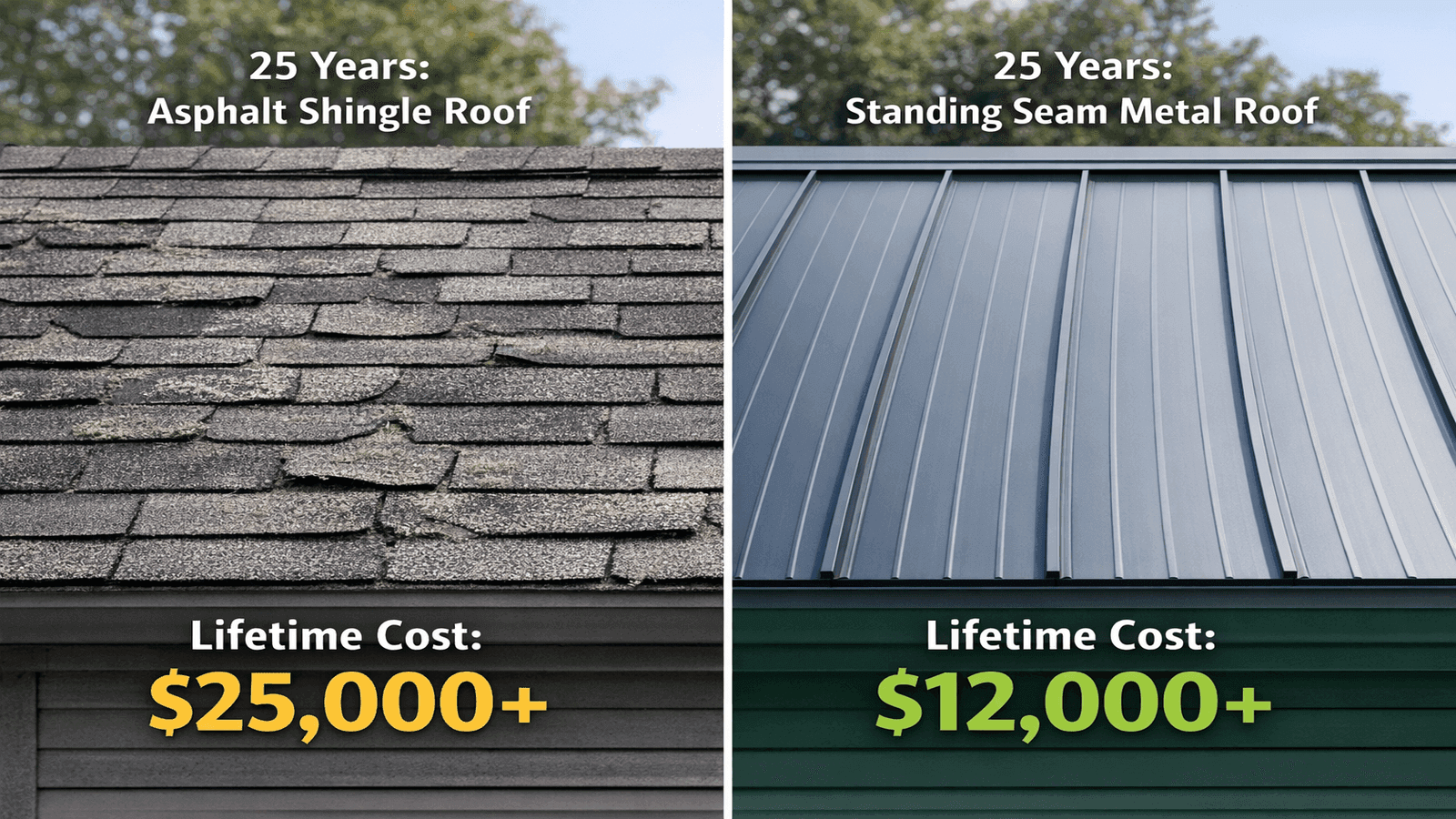 Side-by-side comparison infographic showing asphalt shingle roof at year 25 requiring replacement versus standing seam metal roof at year 25 in good condition with 50-year cost totals overlaid