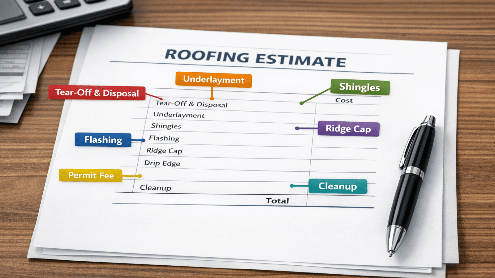 Itemized roofing replacement quote with line items labeled: tear-off, underlayment, shingles, flashing, ridge cap, drip edge, permit, and disposal